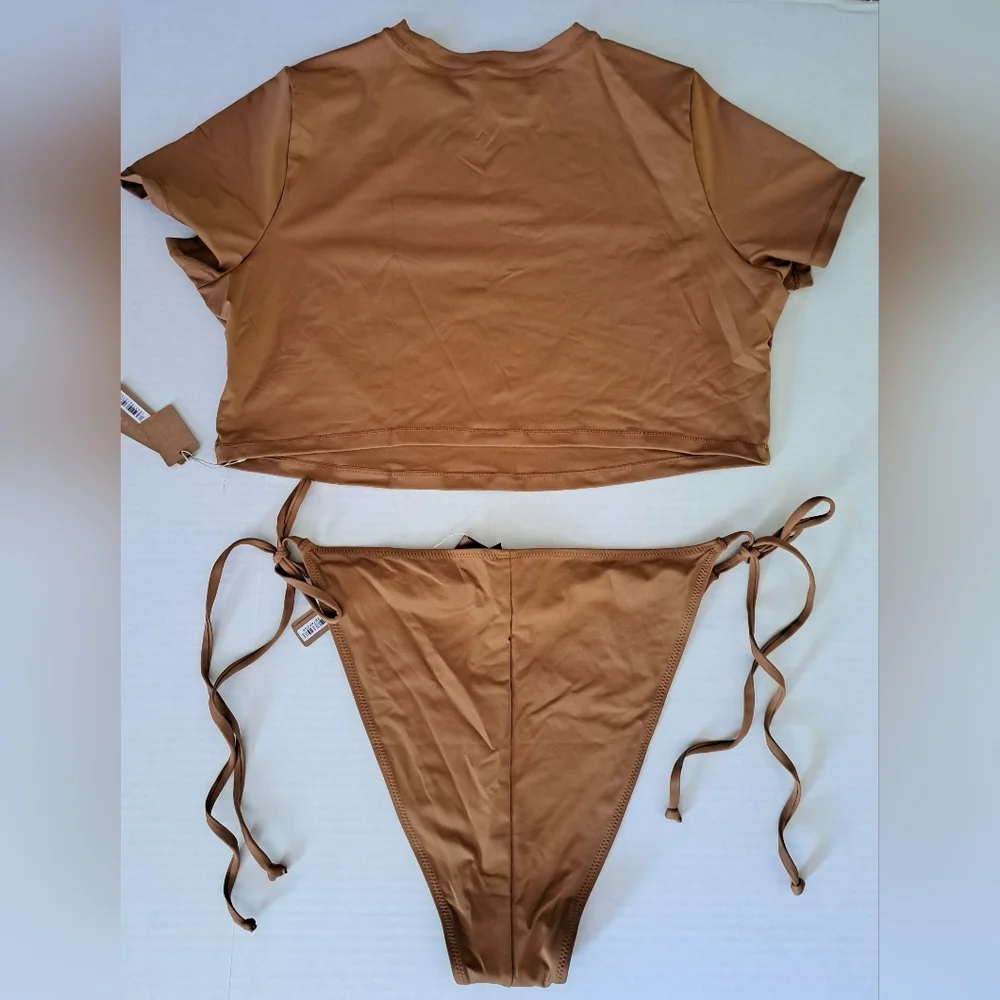 ❤️NWT SKIMS 2 Piece Swim T Shirt Top Dippy tie String Bikini Set Nude ALMOND 3X